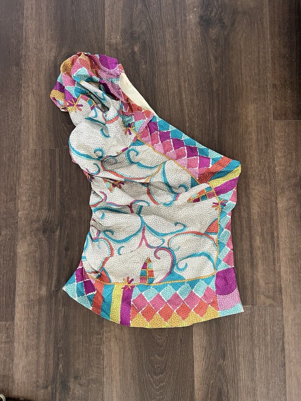 VTG Nicole Miller Collection Silk One Shoulder Ruffle Puff Multicolor Blouse M